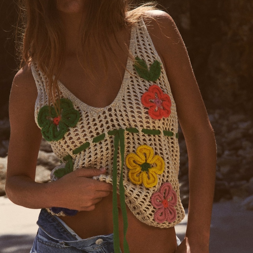 Zara Floral Crochet Tank Top - Cream, Green, Pink, Yellow